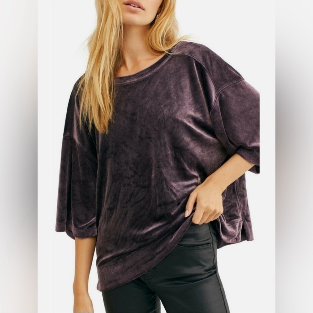 Free People - NWT -Valerie Navy Velvet Short Sleeve Tee- Sz Medium